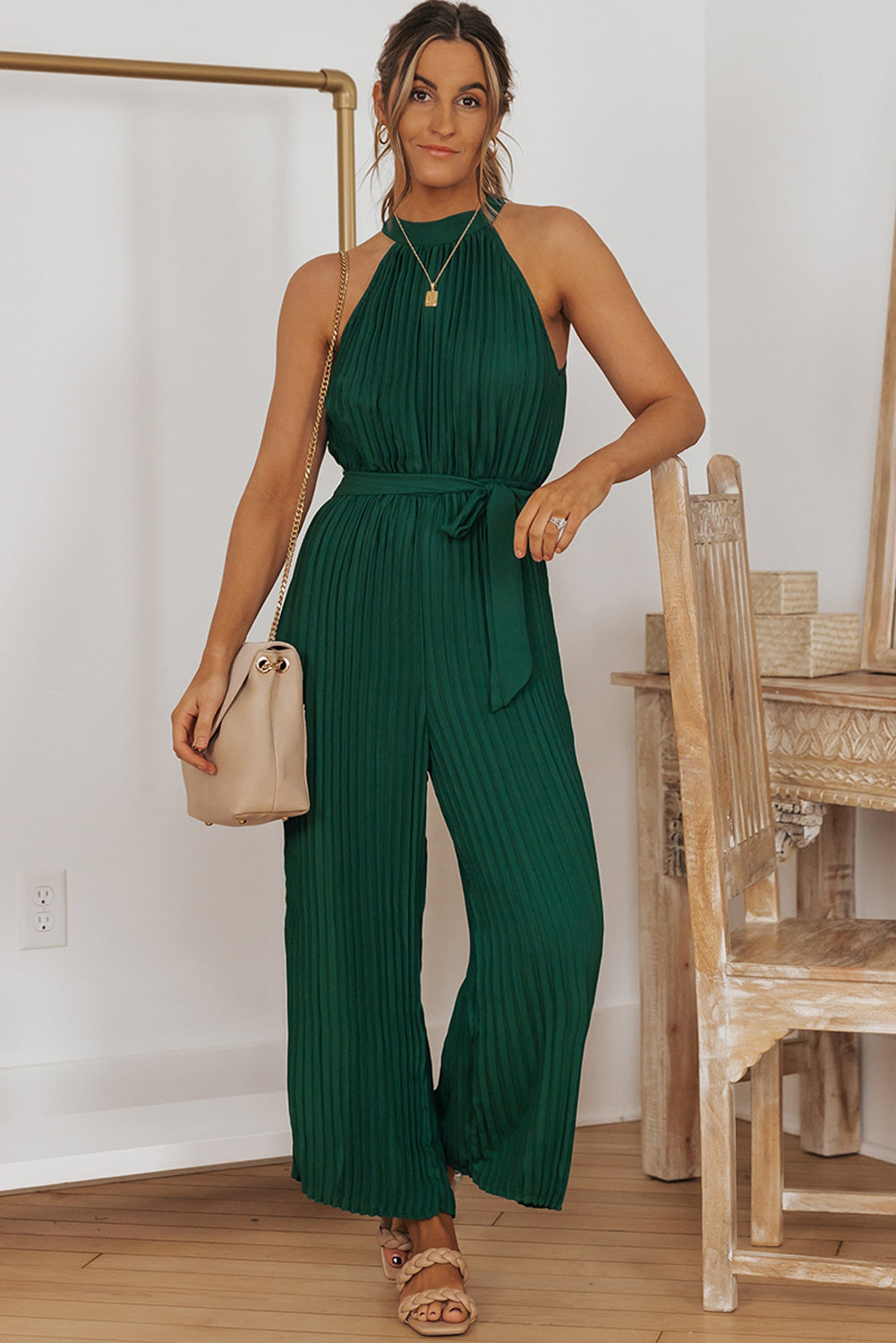Pamela Accordion Pleated Belted Grecian Neck Sleeveless Jumpsuit - Coco and lulu boutique