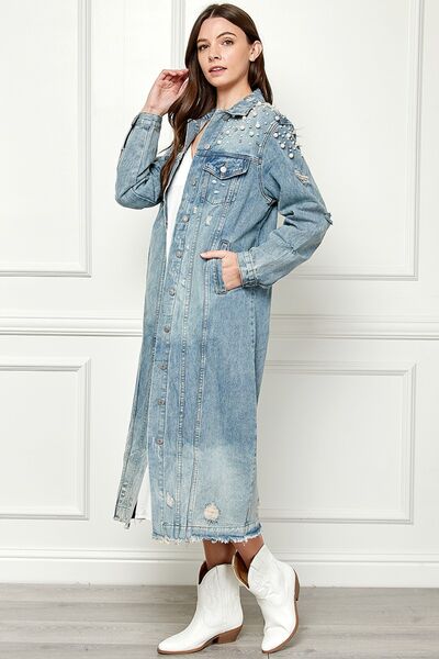 Distressed Raw Hem Pearl Detail Button Up Jacket - Coco and lulu boutique
