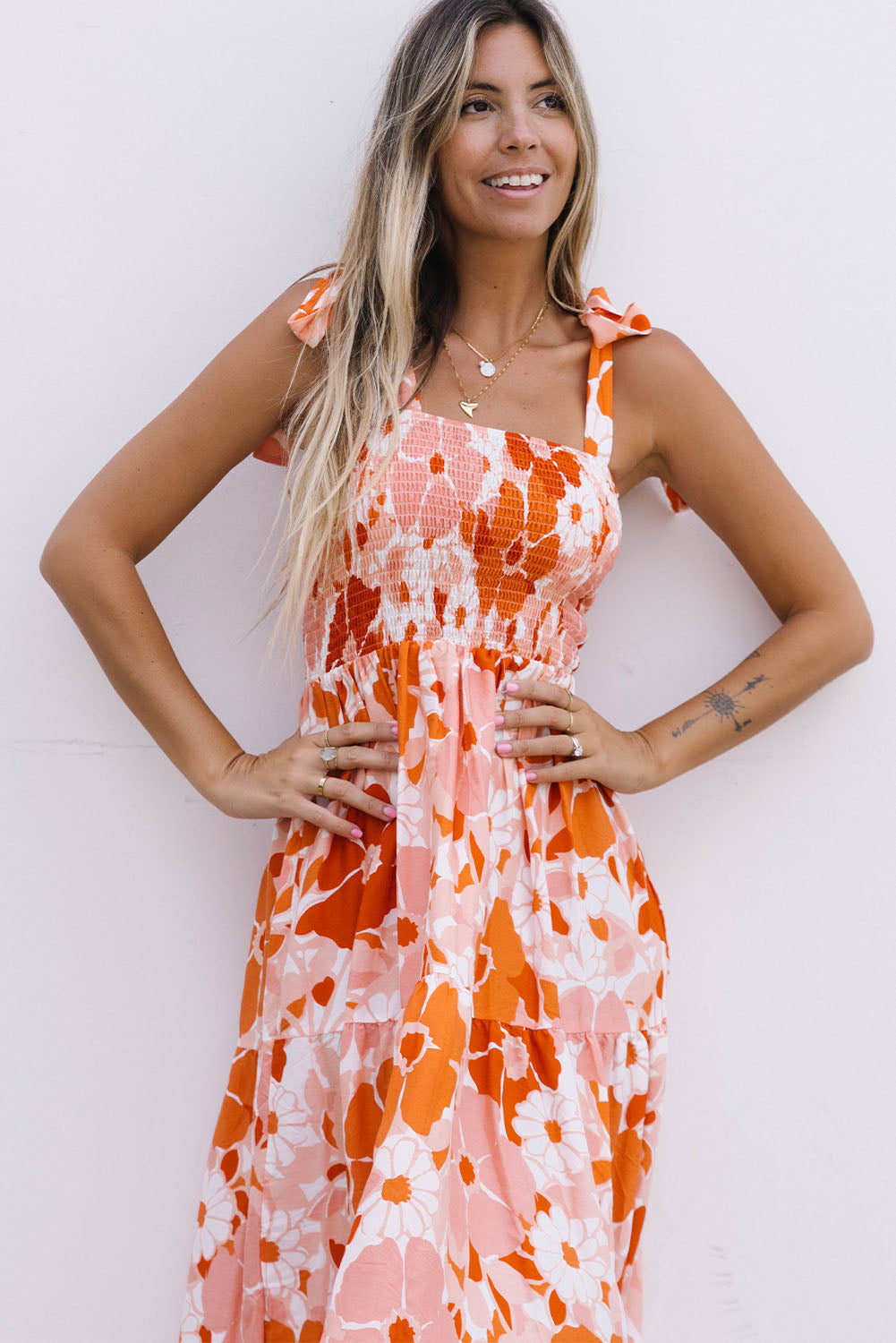 Floral Tie-Shoulder Smocked Maxi Dress - Coco and lulu boutique