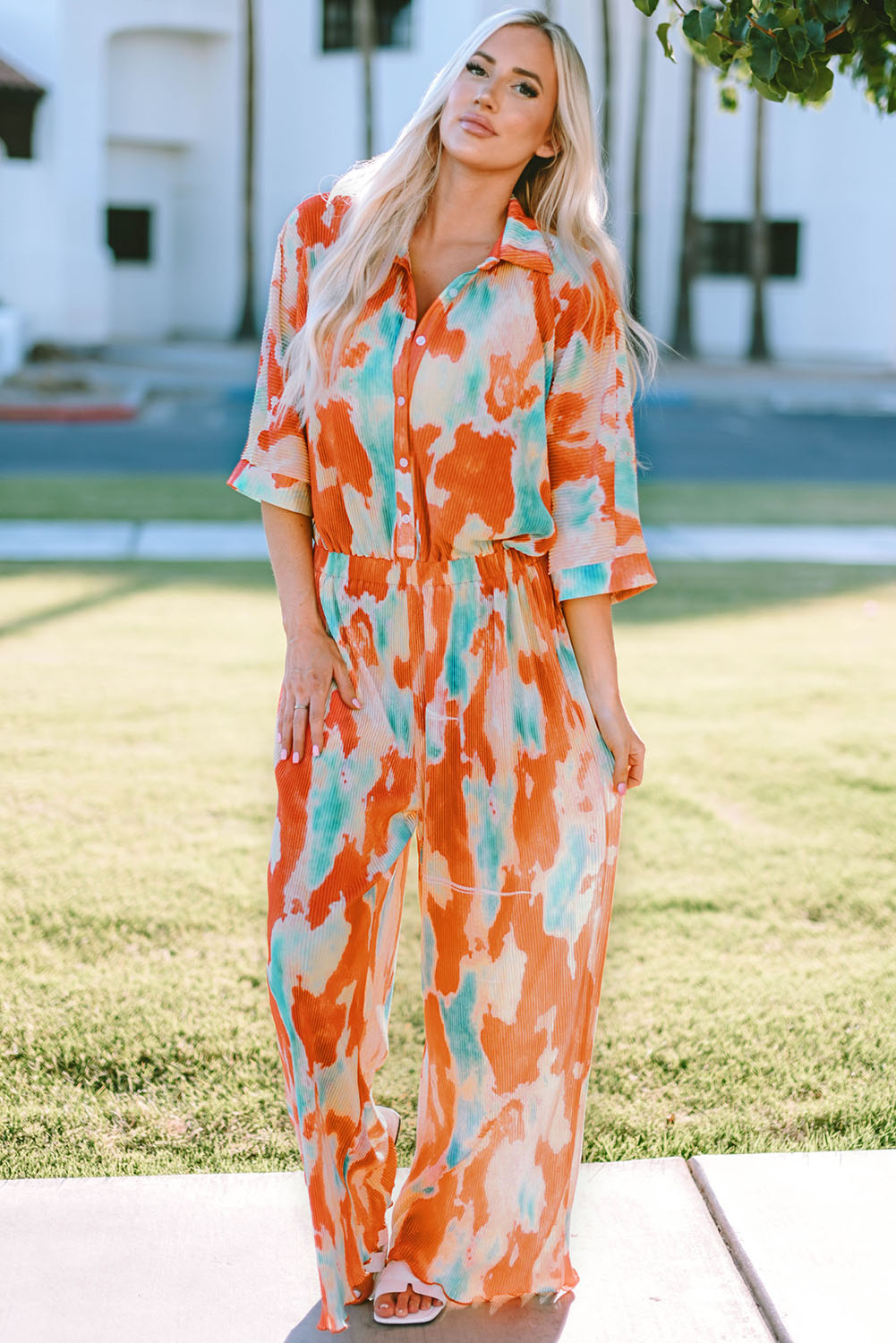 Angel Tie-Dye Collared Wide Leg Jumpsuit - Coco and lulu boutique