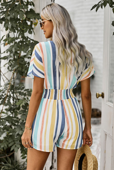 Sunshine Multicolored Stripe V-Neck Smocked Waist Romper - Coco and lulu boutique
