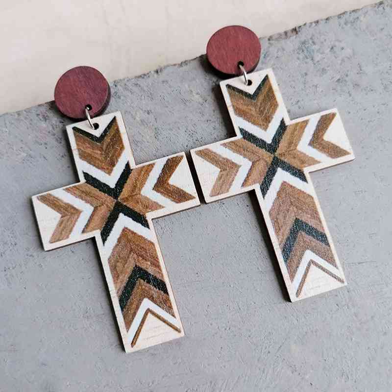 Cross Wood Drop Earrings - Coco and lulu boutique
