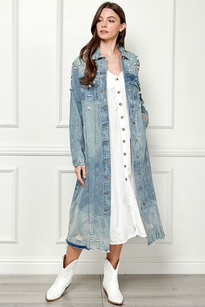 Distressed Raw Hem Pearl Detail Button Up Jacket - Coco and lulu boutique