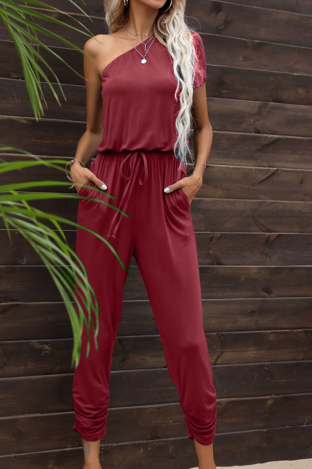 Cathy Drawstring Waist One-Shoulder Jumpsuit with Pockets - Coco and lulu boutique