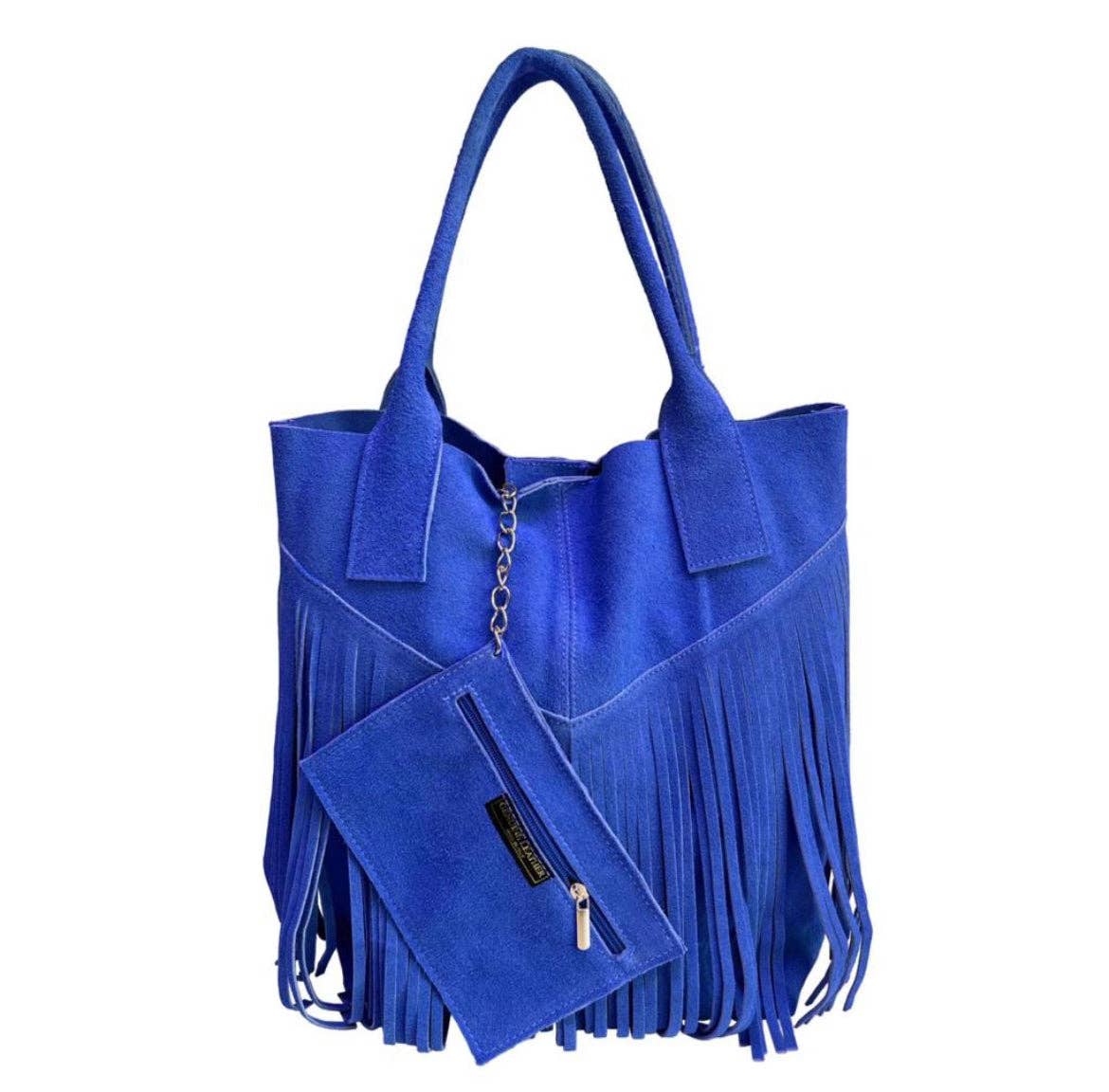 Modarno women's shopper bag in genuine suede with fringe plus jewelry case in the same color - Coco and lulu boutique