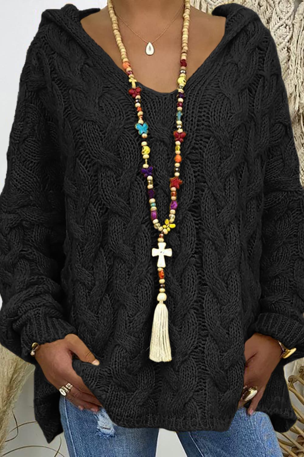 Keely Cable-Knit Hooded Sweater - Coco and lulu boutique