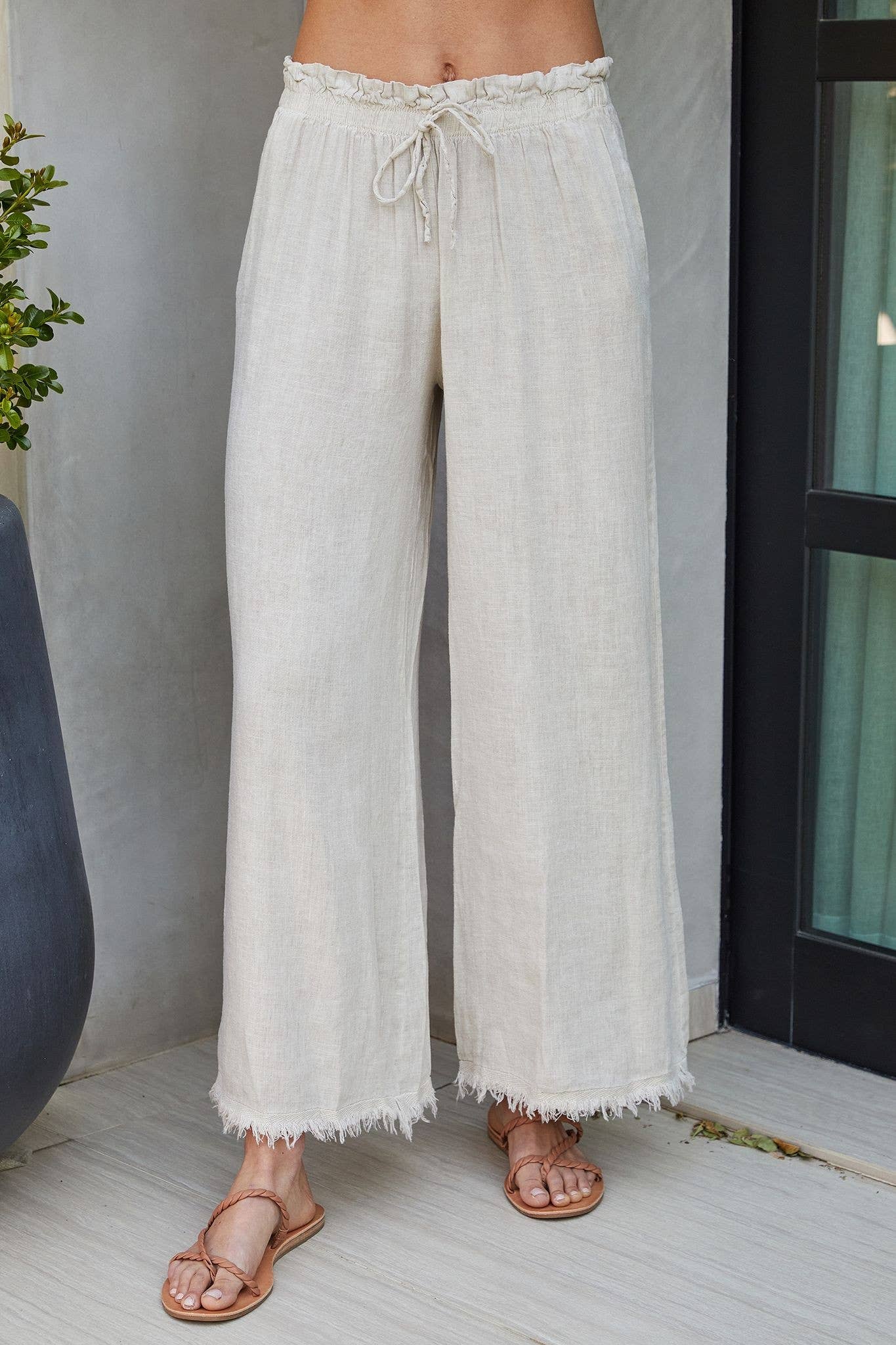 Italian Wide Leg Linen Fringe Hem Pant BEIGE - Coco and lulu boutique