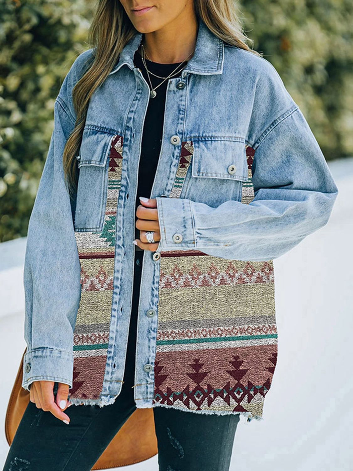 South West Collared Neck Dropped Shoulder Denim Jacket - Coco and lulu boutique