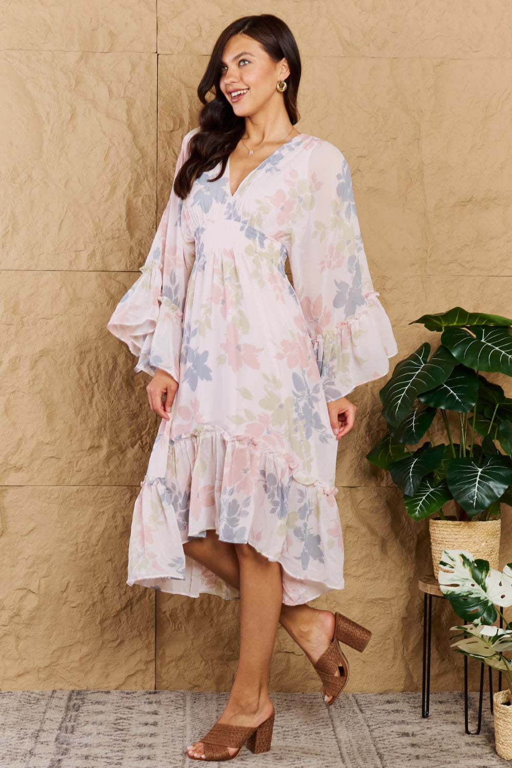 Faith  The Right Time Floral Bell Sleeve Midi Dress in Coral - Coco and lulu boutique