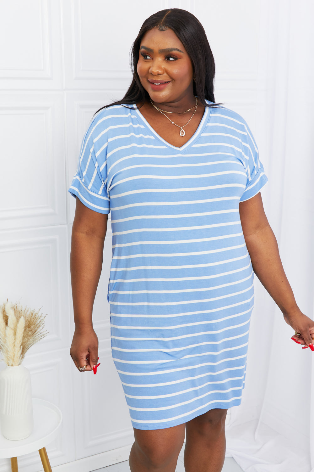 Kensey Weekender Full Size Striped V-Neck Pocket Dress in Spring Blue - Coco and lulu boutique