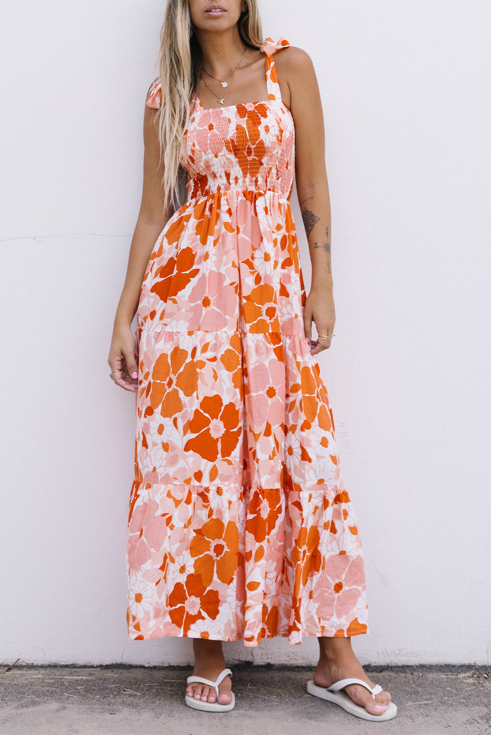 Floral Tie-Shoulder Smocked Maxi Dress - Coco and lulu boutique