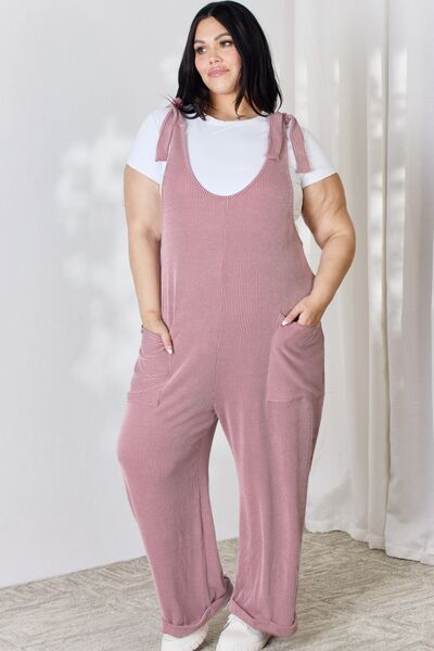 Celeste Full Size Ribbed Tie Shoulder Sleeveless Ankle Overalls - Coco and lulu boutique
