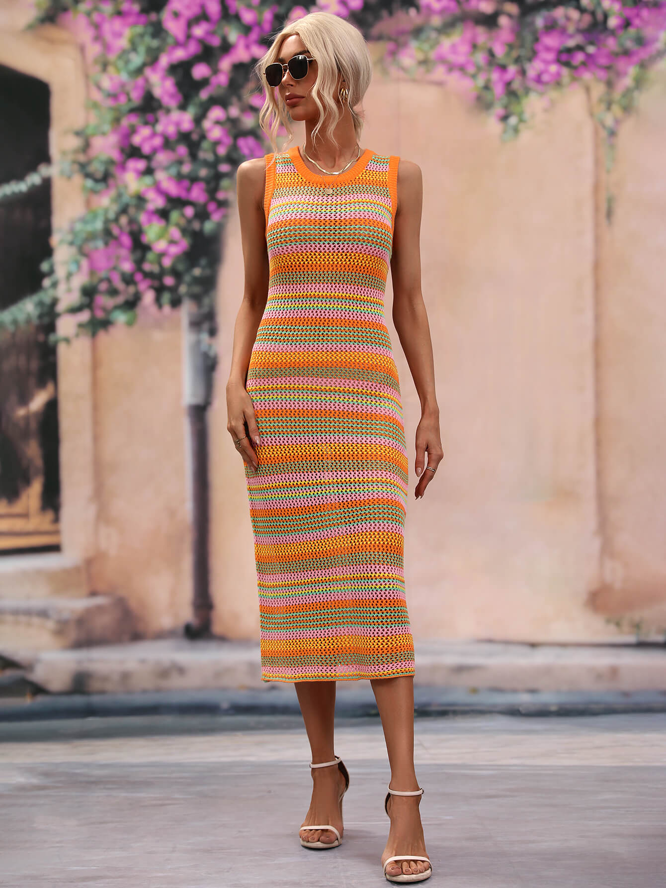 Striped Round Neck Sleeveless Midi Cover Up Dress - Coco and lulu boutique