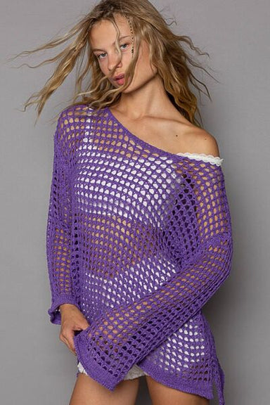 Purple Openwork Flare Sleeve Knit Cover Up - Coco and lulu boutique