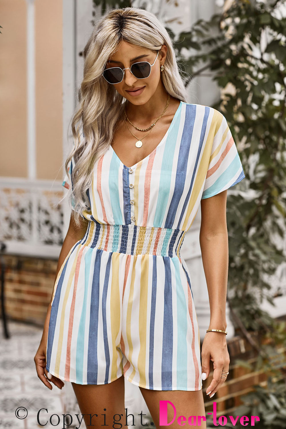 Sunshine Multicolored Stripe V-Neck Smocked Waist Romper - Coco and lulu boutique