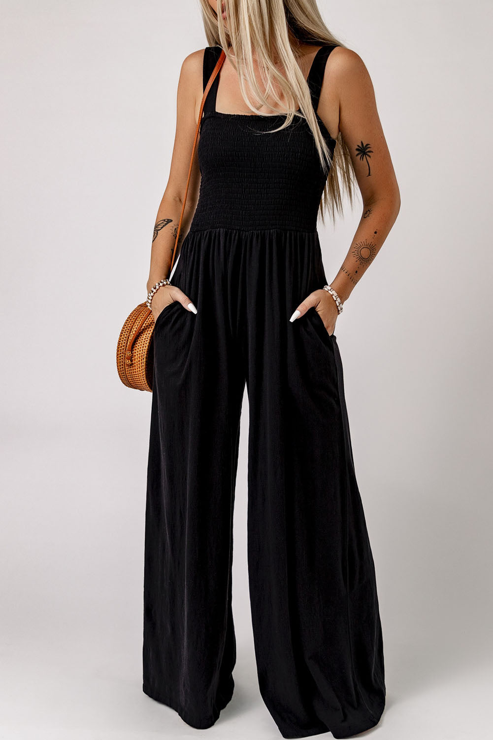 Beth Smocked Square Neck Wide Leg Jumpsuit with Pockets - Coco and lulu boutique