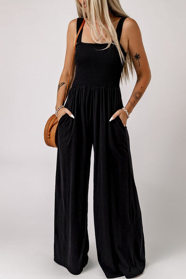 Beth Smocked Square Neck Wide Leg Jumpsuit with Pockets - Coco and lulu boutique