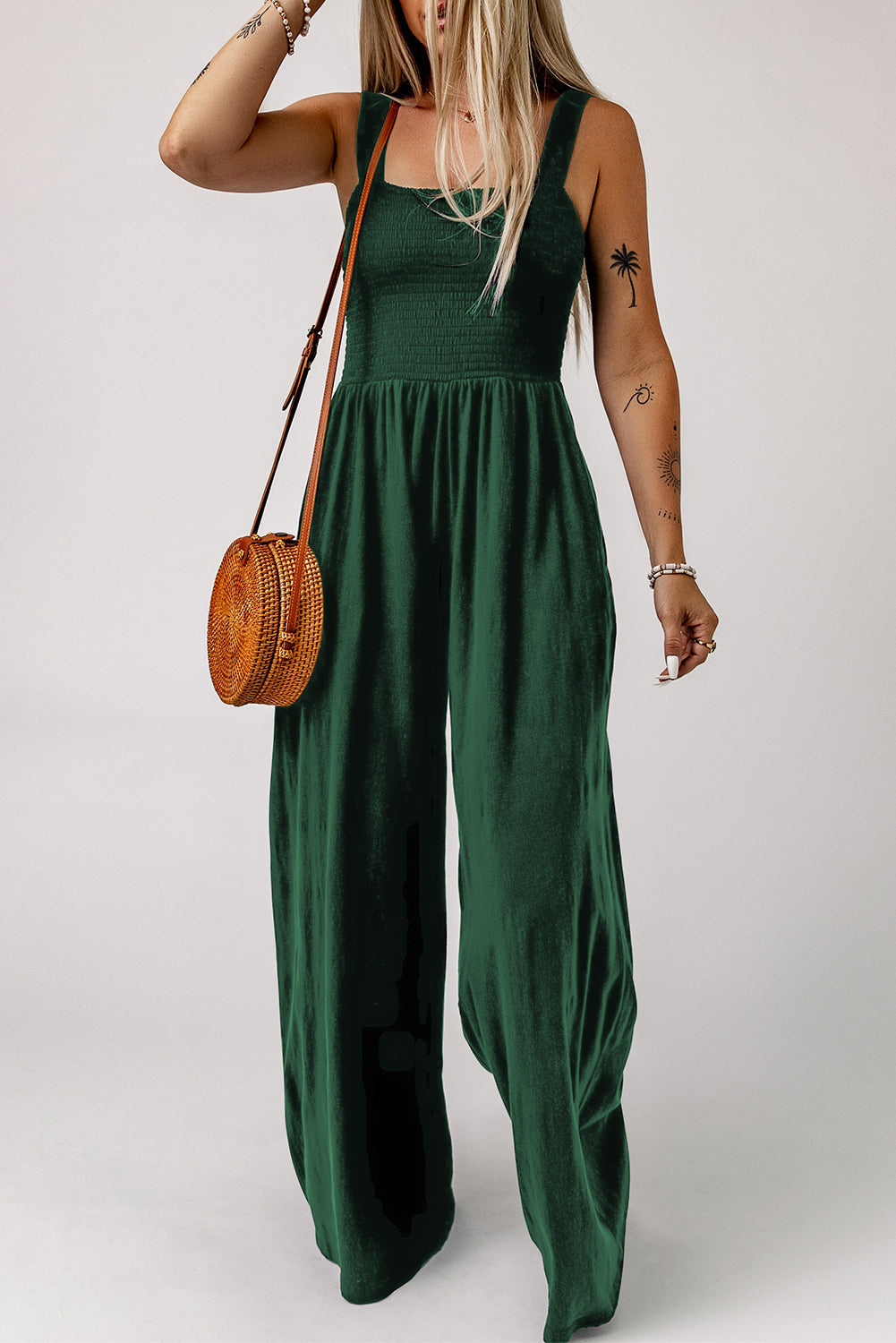 Beth Smocked Square Neck Wide Leg Jumpsuit with Pockets - Coco and lulu boutique