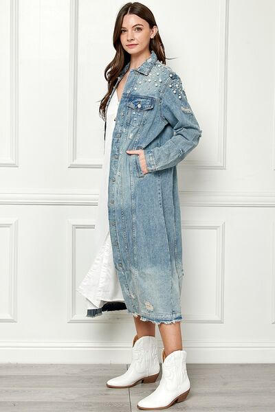 Distressed Raw Hem Pearl Detail Button Up Jacket - Coco and lulu boutique