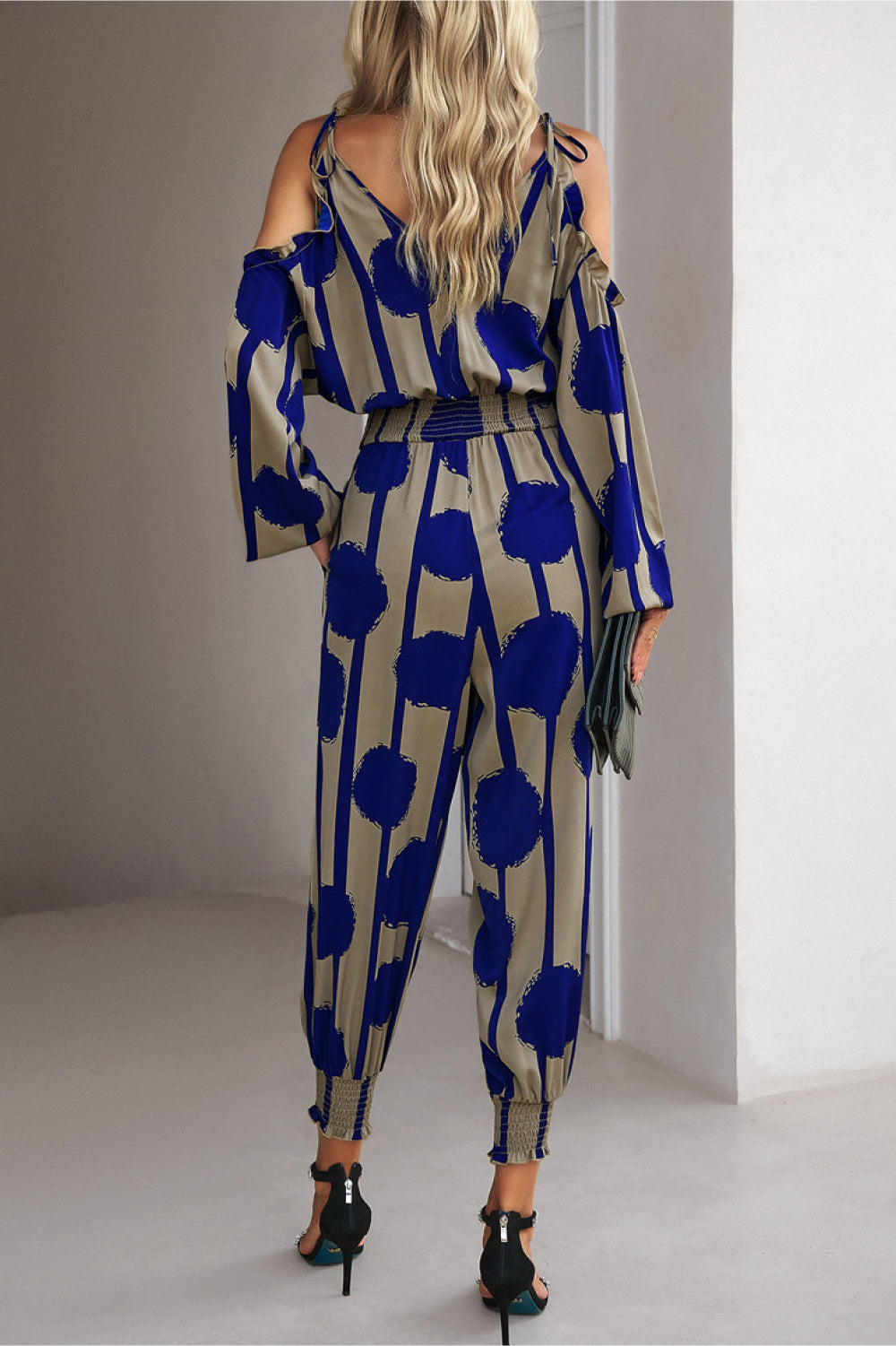 Monique Printed Cold-Shoulder Surplice Neck Jumpsuit - Coco and lulu boutique