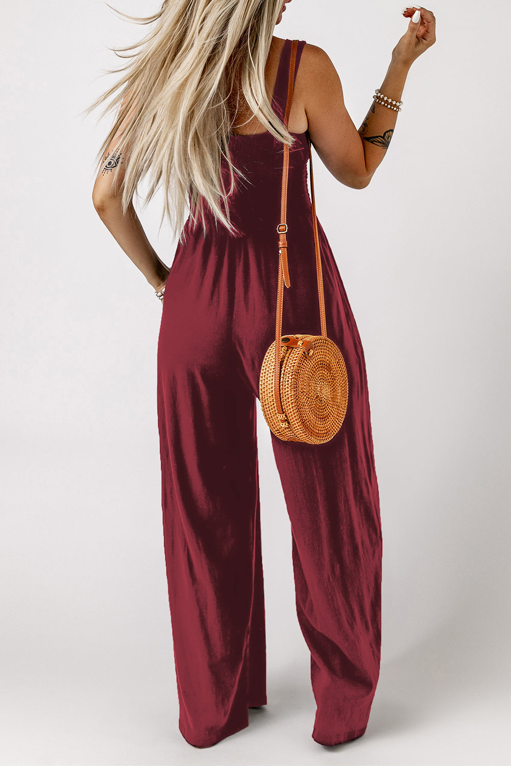 Beth Smocked Square Neck Wide Leg Jumpsuit with Pockets - Coco and lulu boutique