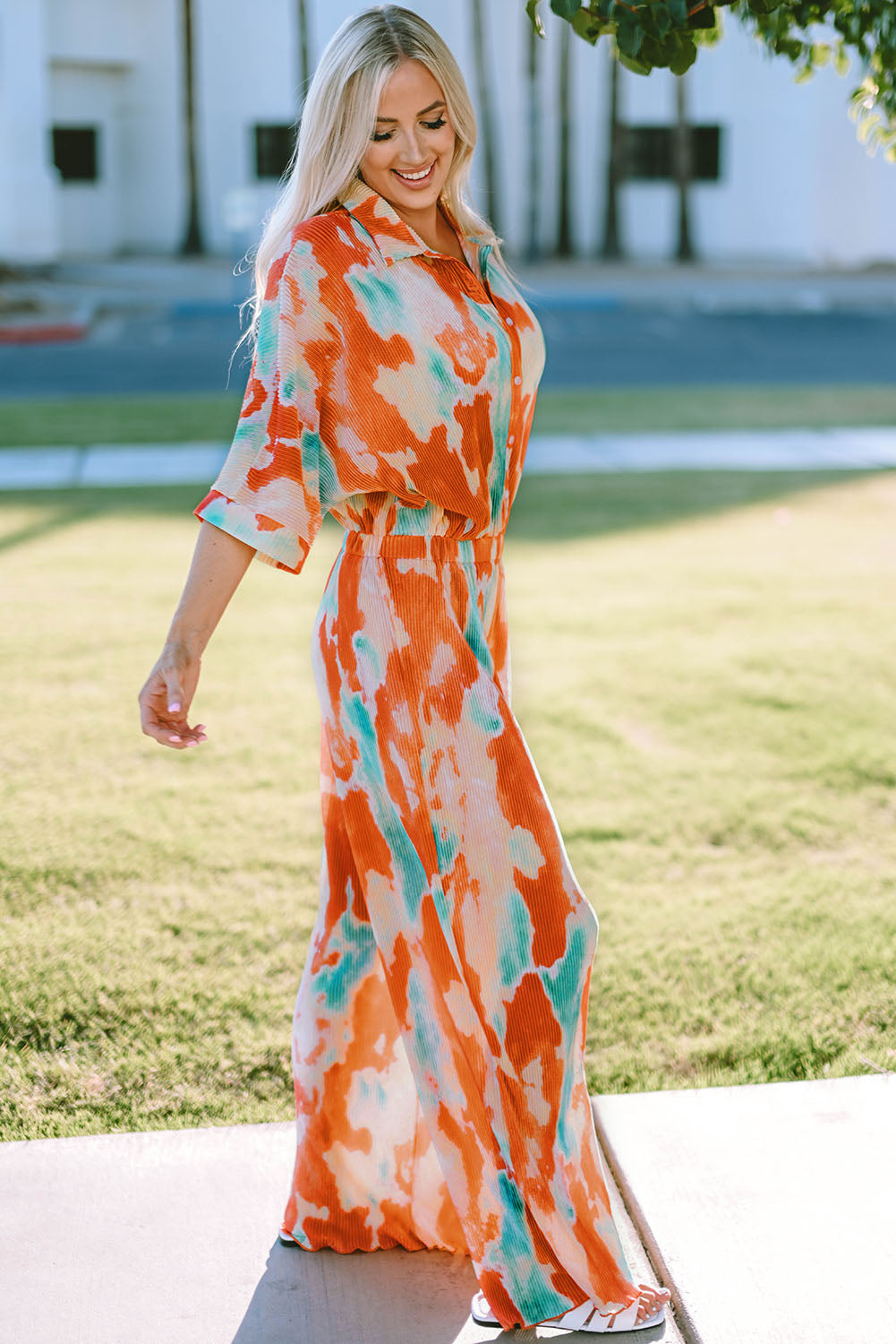Angel Tie-Dye Collared Wide Leg Jumpsuit - Coco and lulu boutique