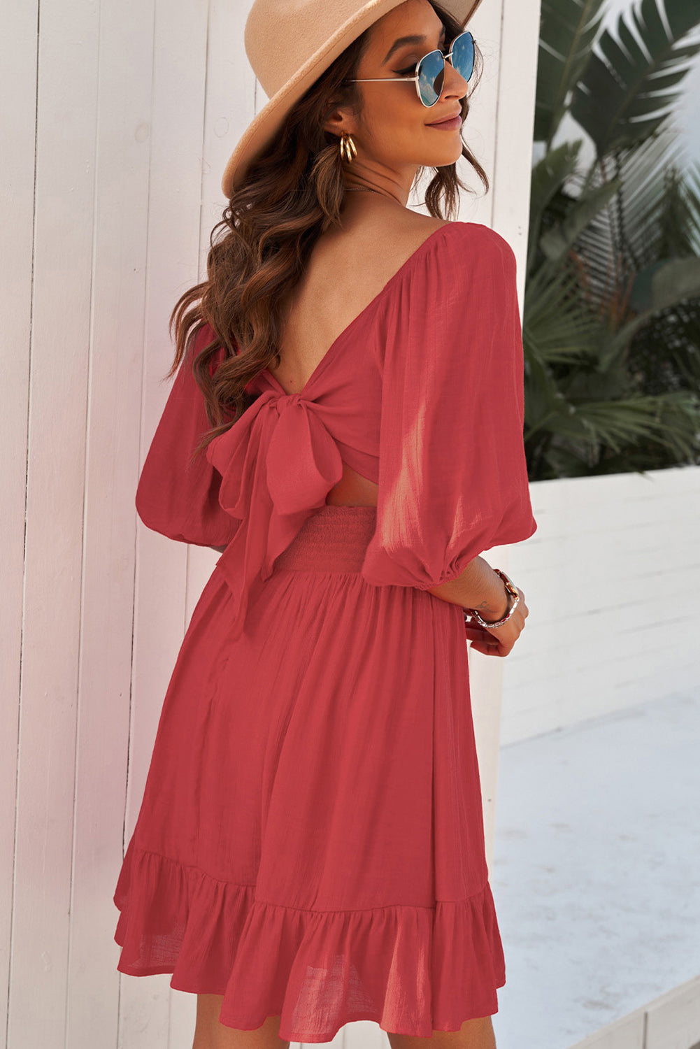 Louisa Tie-Back Ruffled Hem Square Neck Mini Dress - Coco and lulu boutique