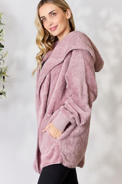 Cozy Faux Fur Open Front Hooded Jacket - Coco and lulu boutique