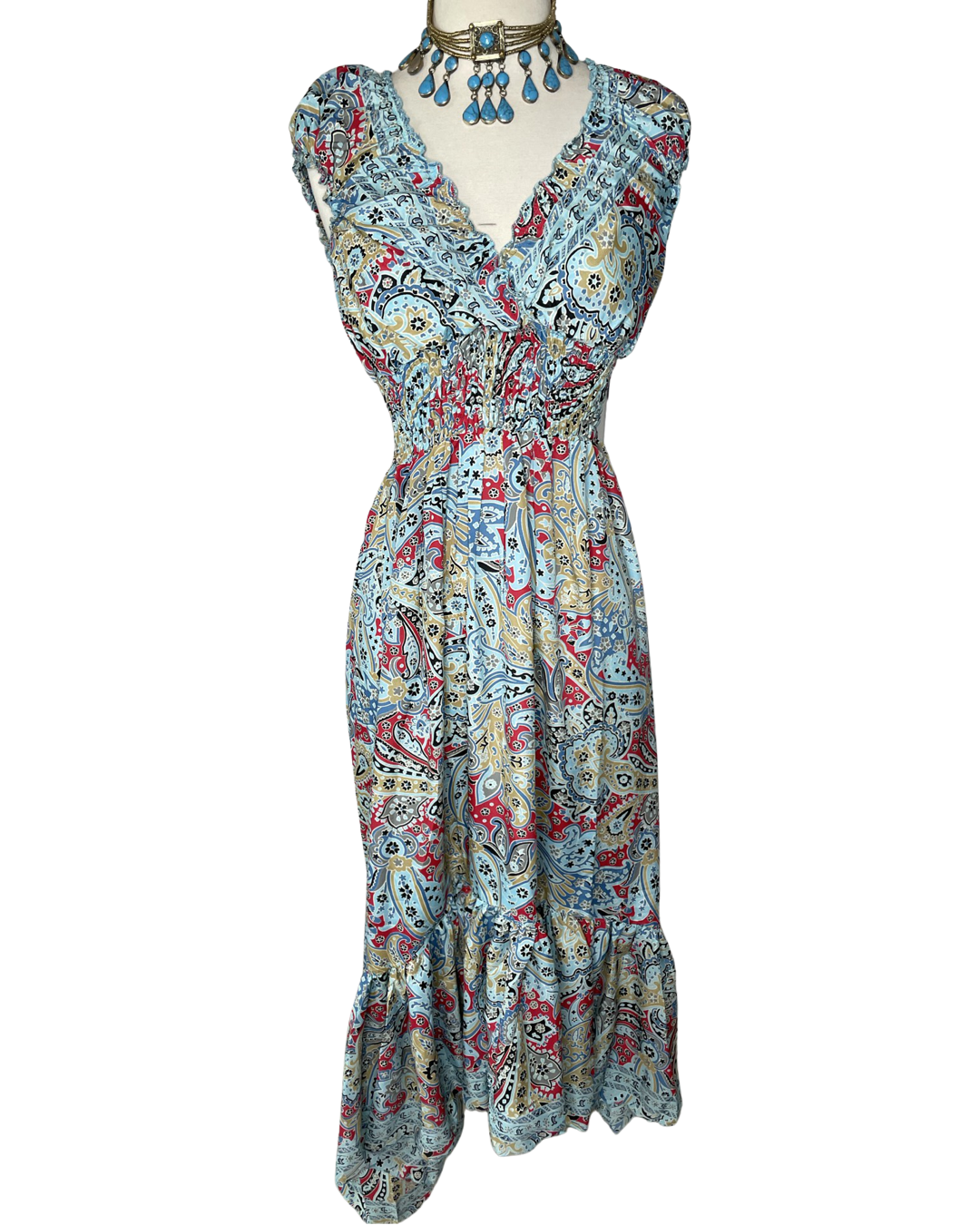 Newport High and Low Silk Ruffle Dress (Blue & Tan) - Coco and lulu boutique