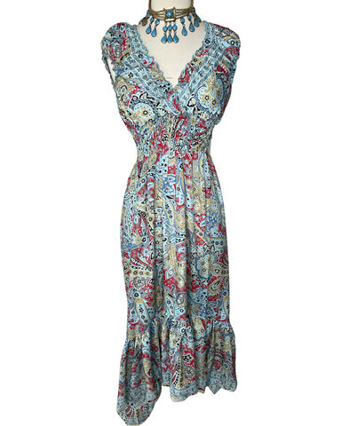 Newport High and Low Silk Ruffle Dress (Blue & Tan) - Coco and lulu boutique