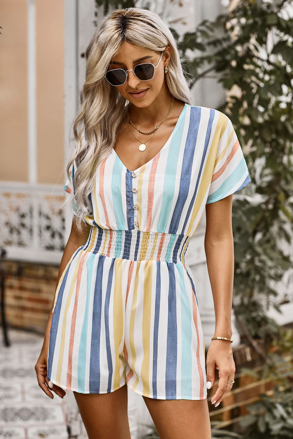 Sunshine Multicolored Stripe V-Neck Smocked Waist Romper - Coco and lulu boutique