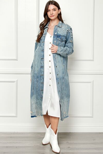 Distressed Raw Hem Pearl Detail Button Up Jacket - Coco and lulu boutique