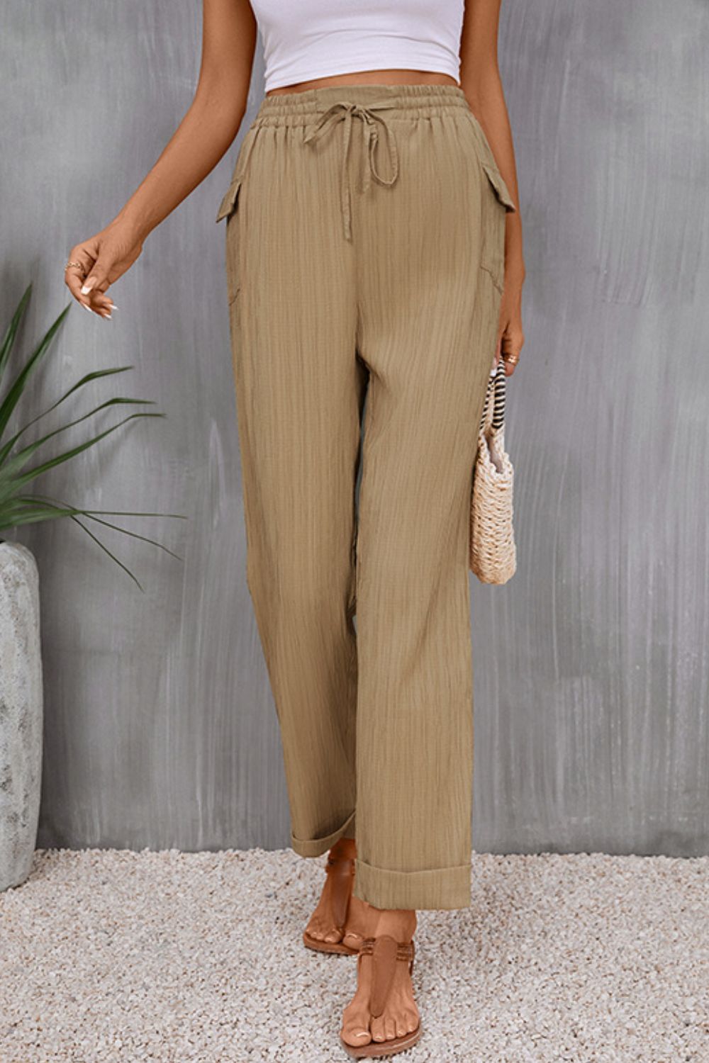 Kris Tie Waist Pocketed Long Pants - Coco and lulu boutique