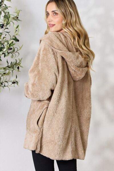 Cozy Faux Fur Open Front Hooded Jacket Taupe - Coco and lulu boutique