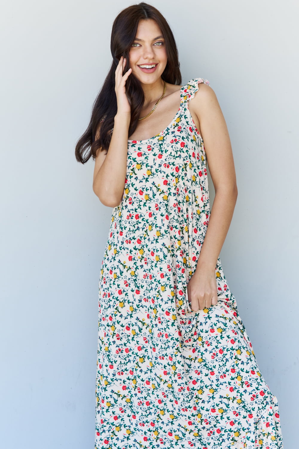 Darla In The Garden Ruffle Floral Maxi Dress in Natural Rose - Coco and lulu boutique