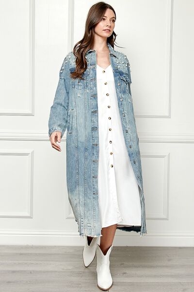 Distressed Raw Hem Pearl Detail Button Up Jacket - Coco and lulu boutique