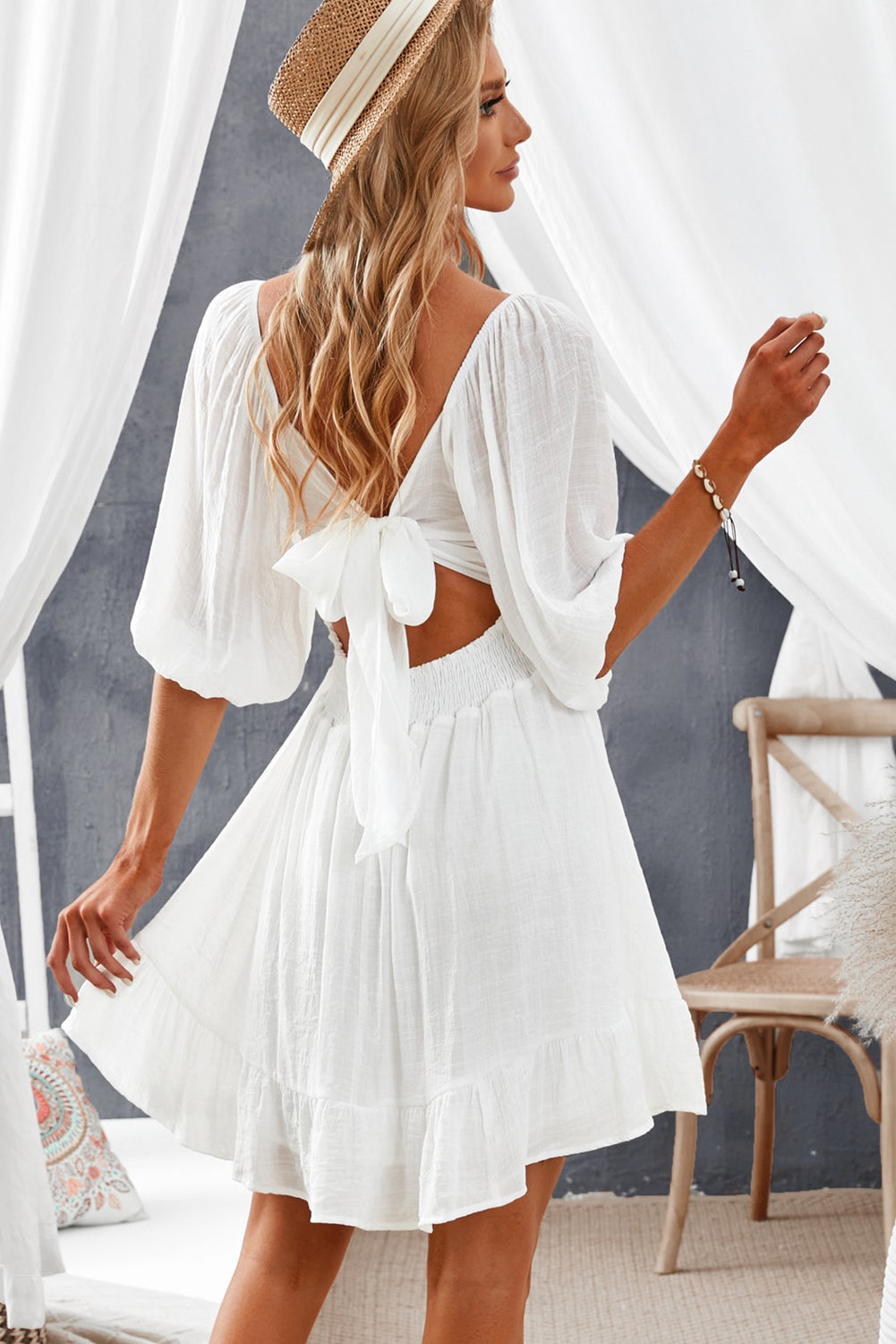 Louisa Tie-Back Ruffled Hem Square Neck Mini Dress - Coco and lulu boutique