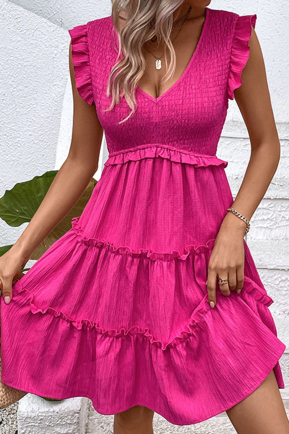 Beverly Smocked Frill Trim Deep V Dress - Coco and lulu boutique
