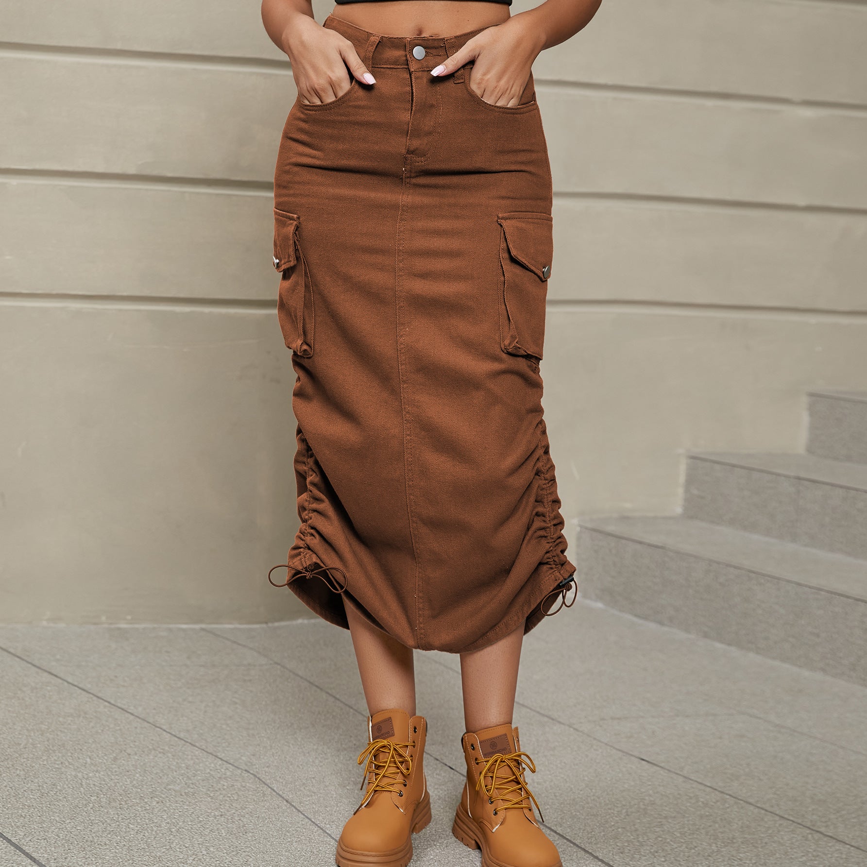Drawstring Ruched Slit Denim Midi Skirt - Coco and lulu boutique