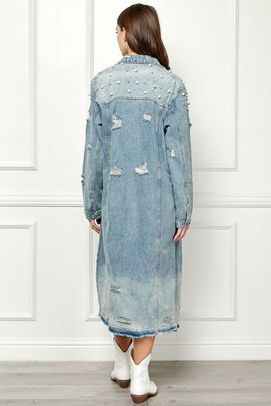 Distressed Raw Hem Pearl Detail Button Up Jacket - Coco and lulu boutique