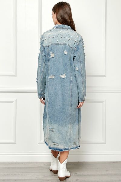 Distressed Raw Hem Pearl Detail Button Up Jacket - Coco and lulu boutique