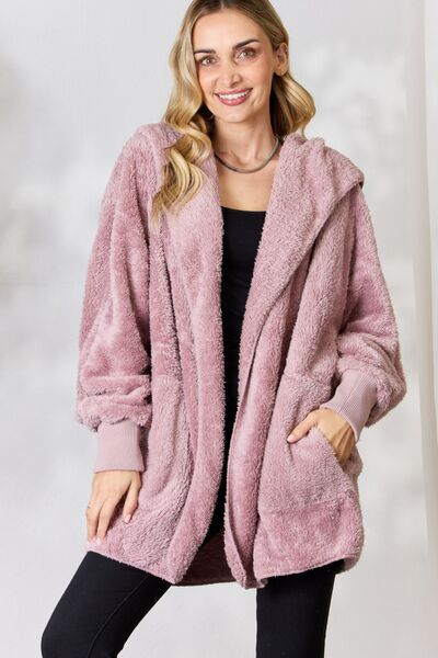 Cozy Faux Fur Open Front Hooded Jacket - Coco and lulu boutique