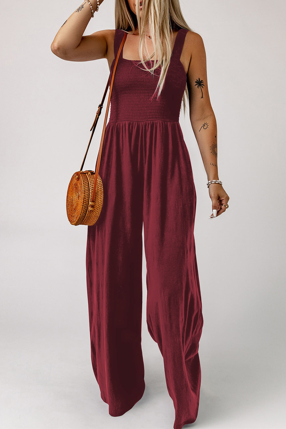 Beth Smocked Square Neck Wide Leg Jumpsuit with Pockets - Coco and lulu boutique