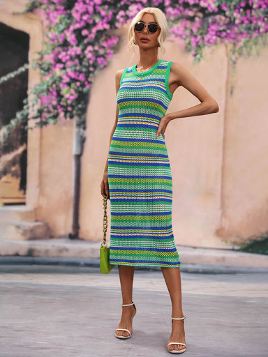Striped Round Neck Sleeveless Midi Cover Up Dress - Coco and lulu boutique