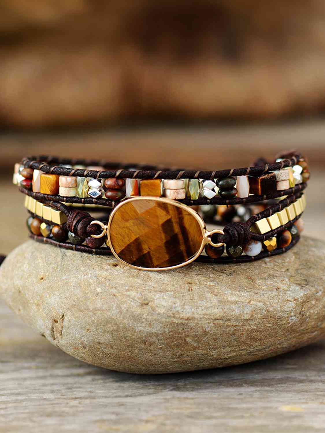 Geometrical Shape Tigers Eye Triple-Layer Wrap Bracelet - Coco and lulu boutique