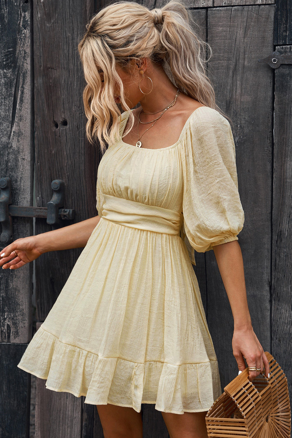Louisa Tie-Back Ruffled Hem Square Neck Mini Dress - Coco and lulu boutique