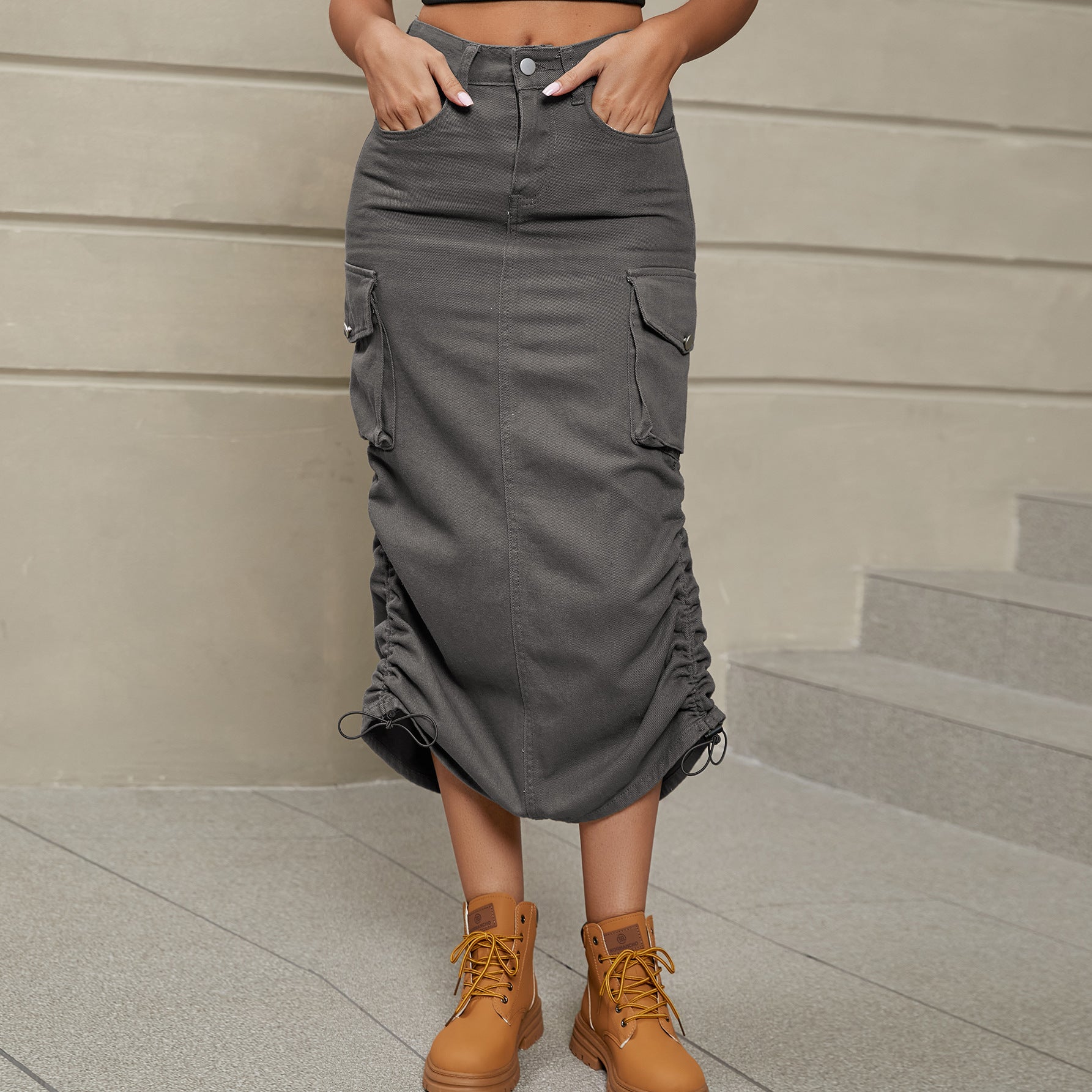 Drawstring Ruched Slit Denim Midi Skirt - Coco and lulu boutique