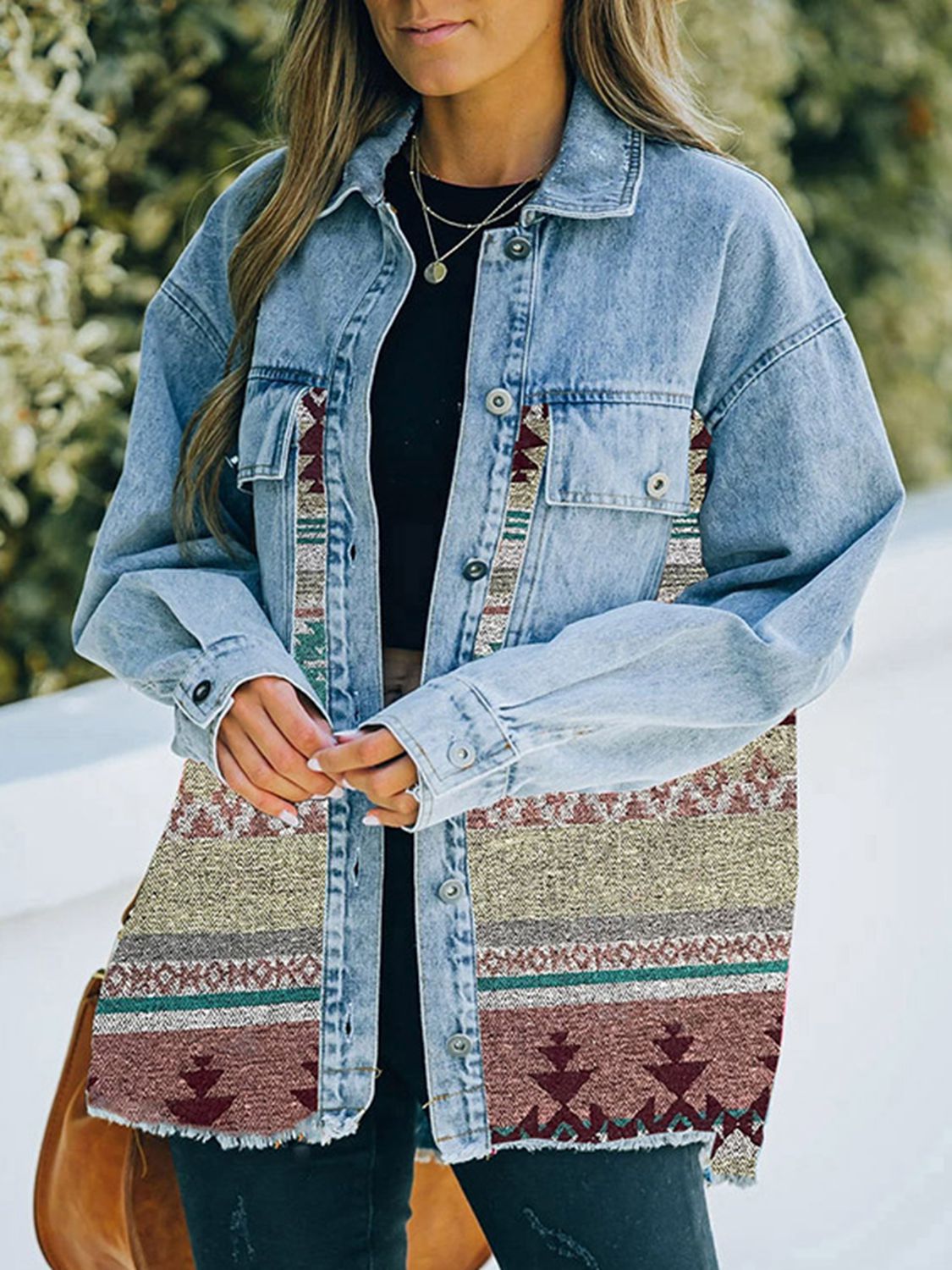 South West Collared Neck Dropped Shoulder Denim Jacket - Coco and lulu boutique
