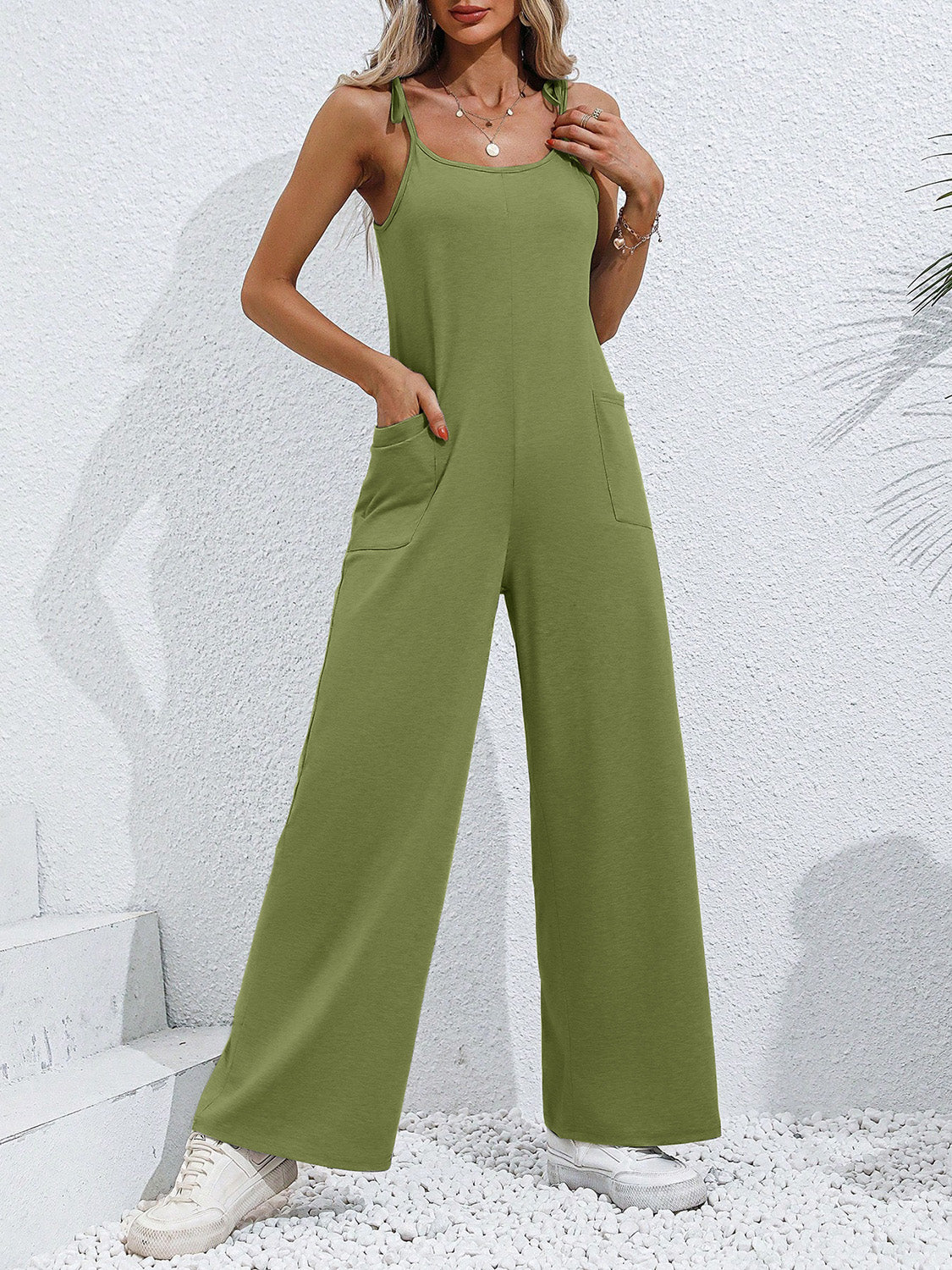Emily Tie-Shoulder Wide Leg Jumpsuit with Pockets - Coco and lulu boutique