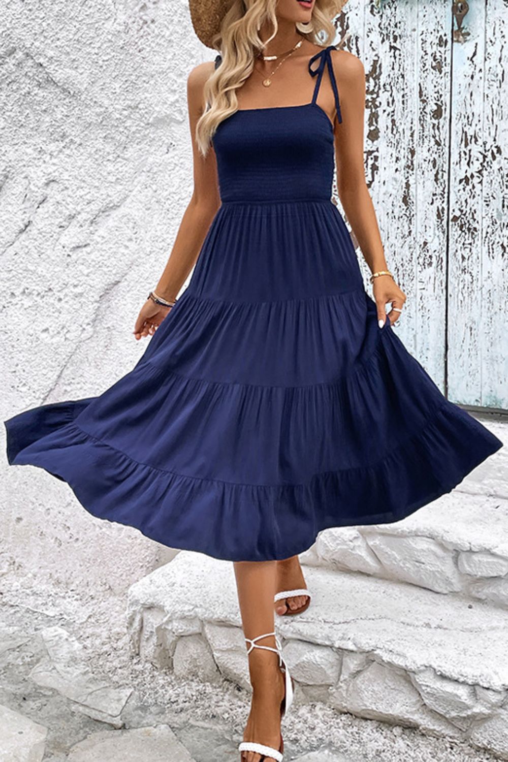 Tie-Shoulder Tiered Midi Dress - Coco and lulu boutique